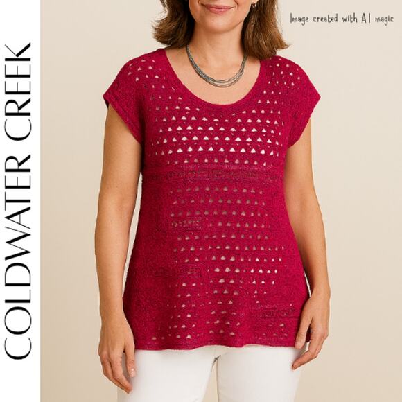 COLDWATER CREEK Fuchsia Crocheted Knit Short Sleeve Sweater, S / 8 - Picture 1 of 9